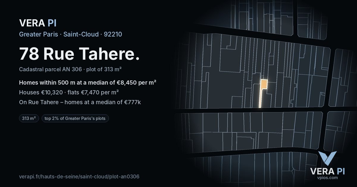 78 Rue Tahere, Saint-Cloud at night – the plot lit, the parcels around coloured by the prices near them