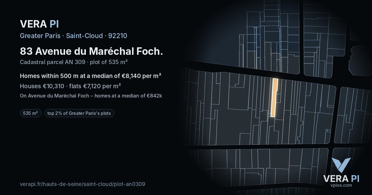 83 Avenue du Maréchal Foch, Saint-Cloud at night – the plot lit, the parcels around coloured by the prices near them