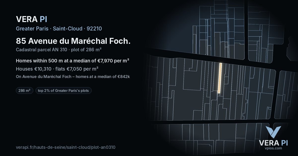 85 Avenue du Maréchal Foch, Saint-Cloud at night – the plot lit, the parcels around coloured by the prices near them
