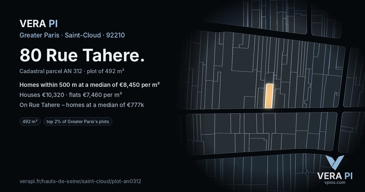 80 Rue Tahere, Saint-Cloud at night – the plot lit, the parcels around coloured by the prices near them