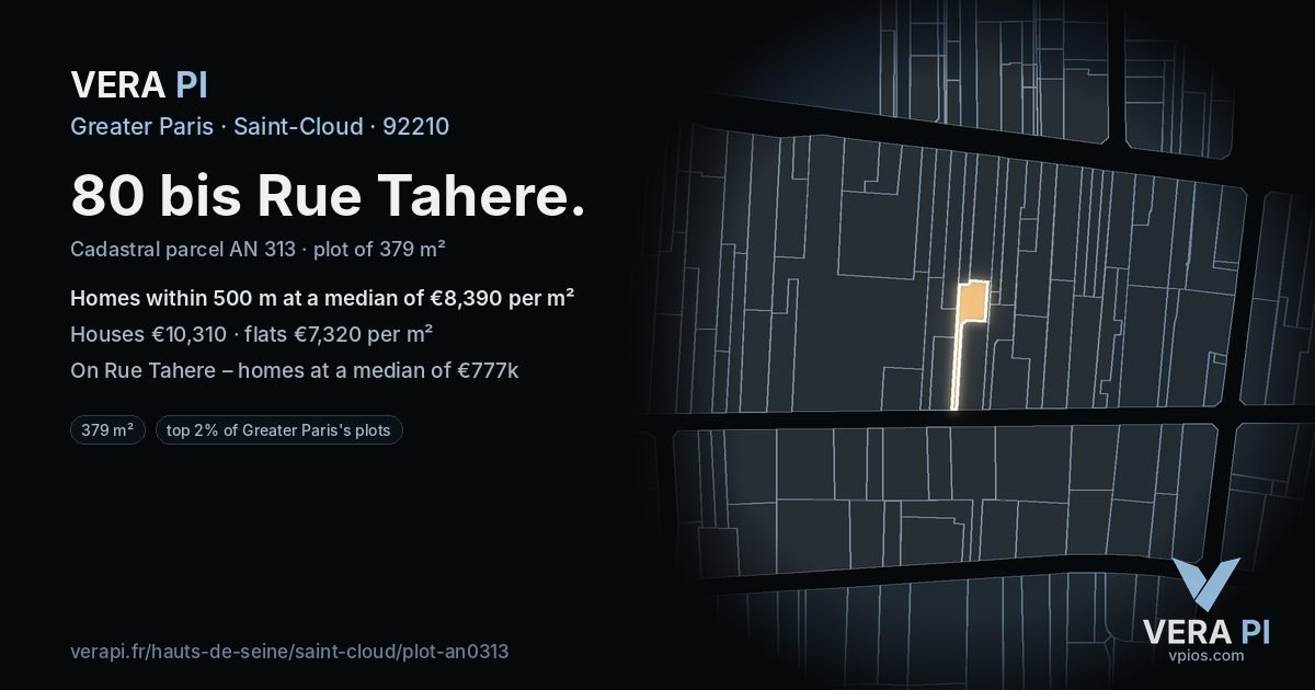 80 bis Rue Tahere, Saint-Cloud at night – the plot lit, the parcels around coloured by the prices near them