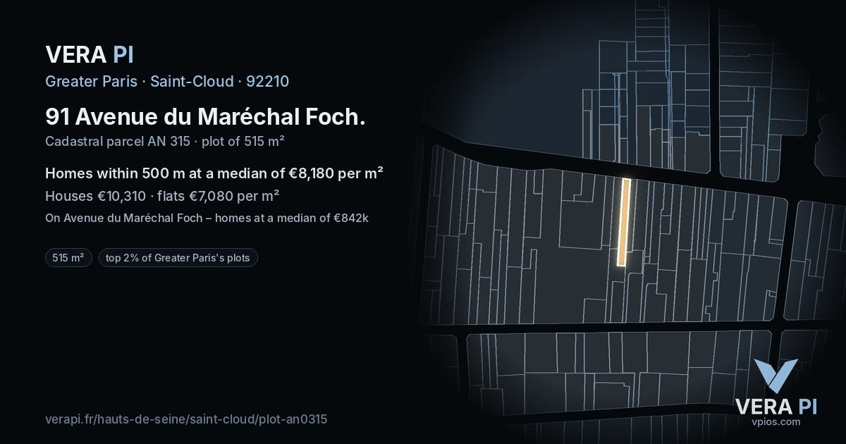 91 Avenue du Maréchal Foch, Saint-Cloud at night – the plot lit, the parcels around coloured by the prices near them