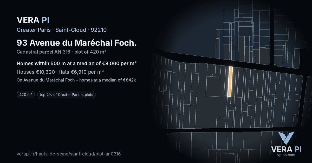 93 Avenue du Maréchal Foch, Saint-Cloud at night – the plot lit, the parcels around coloured by the prices near them