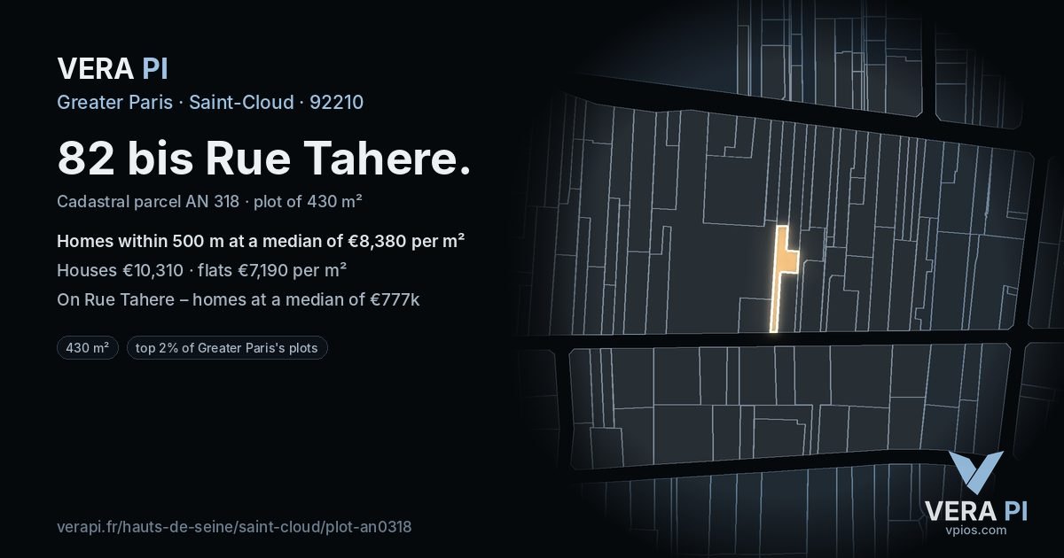82 bis Rue Tahere, Saint-Cloud at night – the plot lit, the parcels around coloured by the prices near them