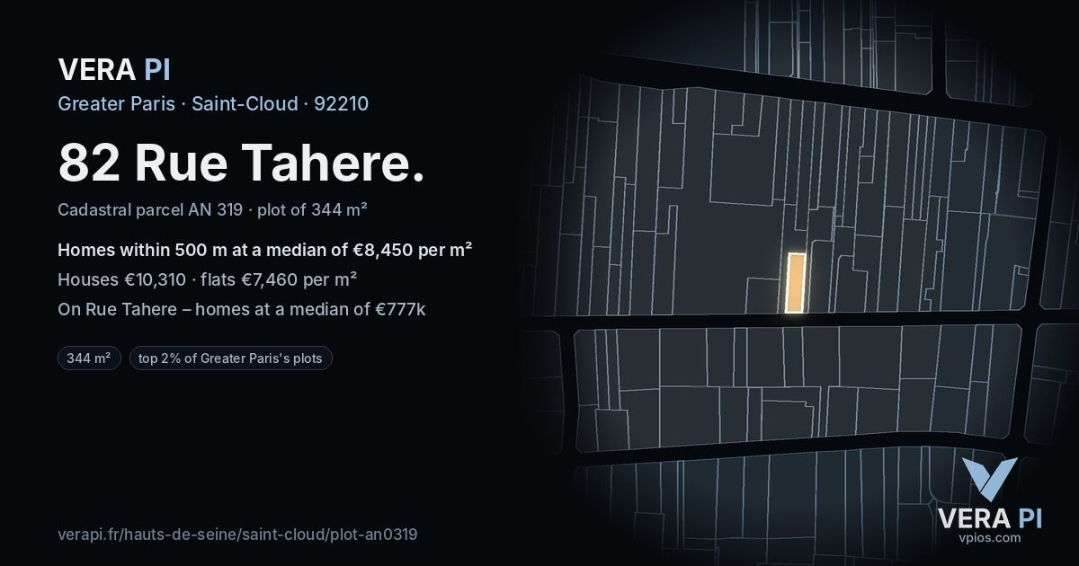 82 Rue Tahere, Saint-Cloud at night – the plot lit, the parcels around coloured by the prices near them