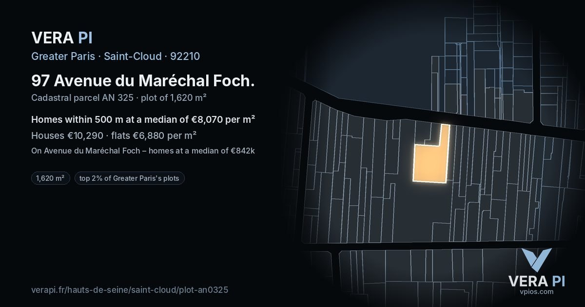 97 Avenue du Maréchal Foch, Saint-Cloud at night – the plot lit, the parcels around coloured by the prices near them