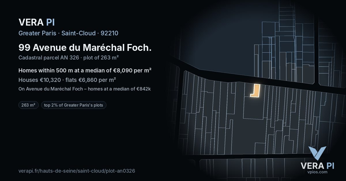 99 Avenue du Maréchal Foch, Saint-Cloud at night – the plot lit, the parcels around coloured by the prices near them