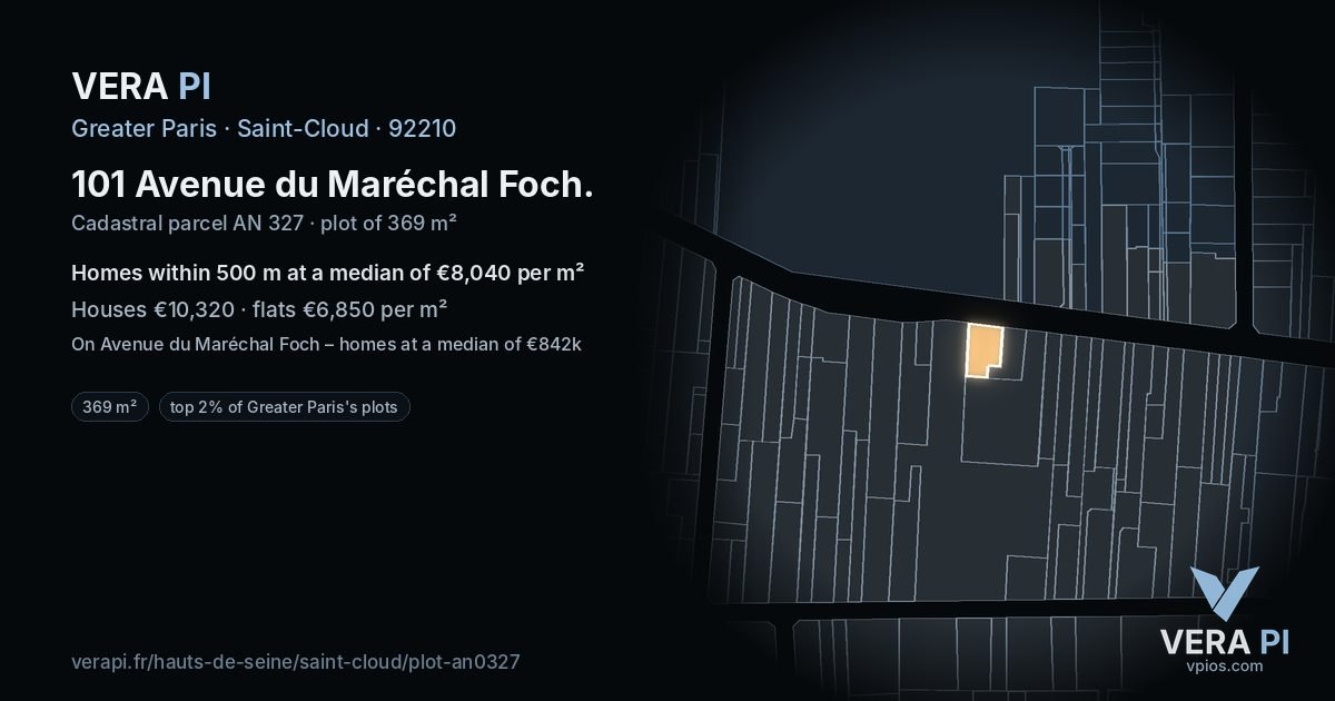 101 Avenue du Maréchal Foch, Saint-Cloud at night – the plot lit, the parcels around coloured by the prices near them