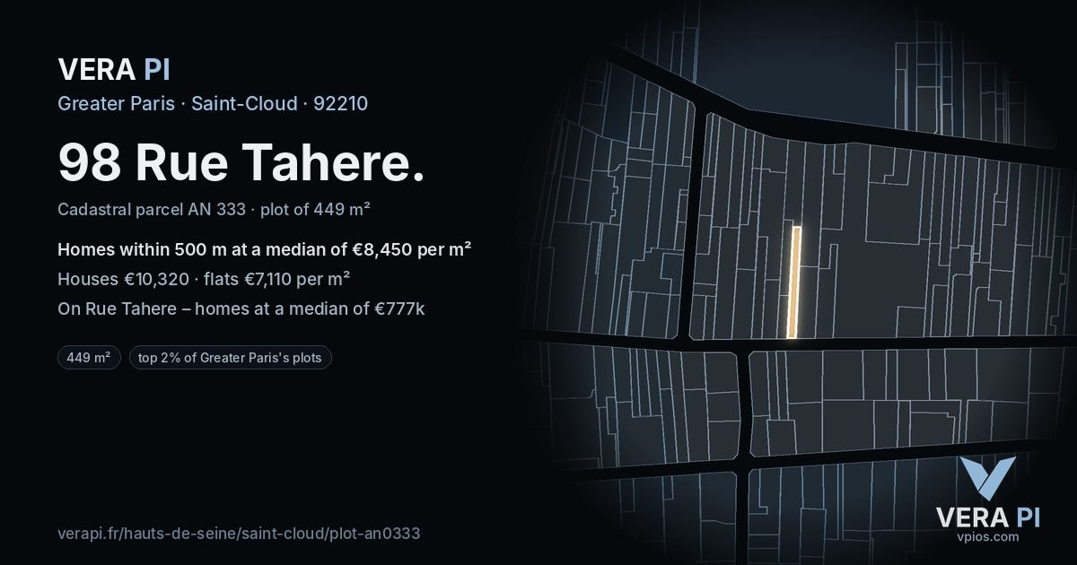 98 Rue Tahere, Saint-Cloud at night – the plot lit, the parcels around coloured by the prices near them
