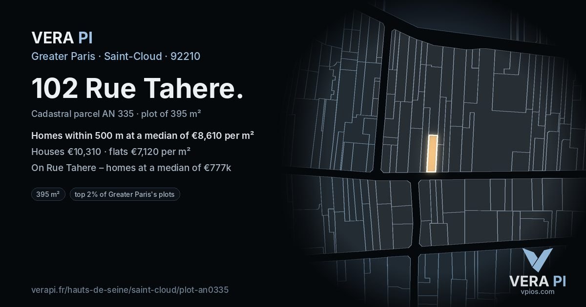 102 Rue Tahere, Saint-Cloud at night – the plot lit, the parcels around coloured by the prices near them