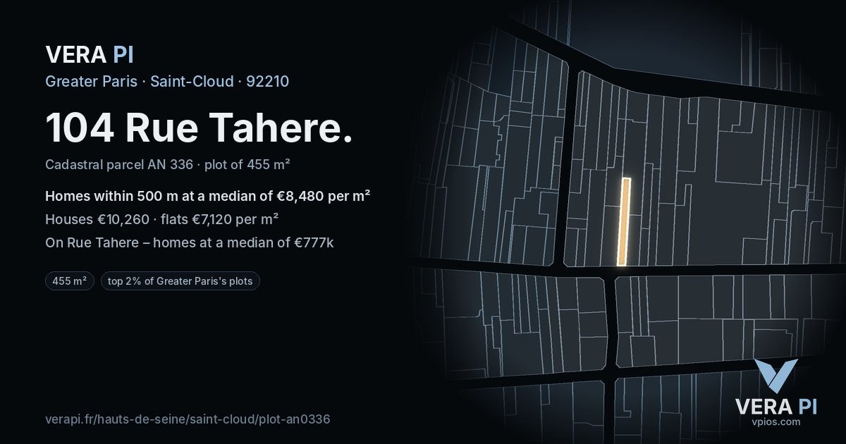 104 Rue Tahere, Saint-Cloud at night – the plot lit, the parcels around coloured by the prices near them