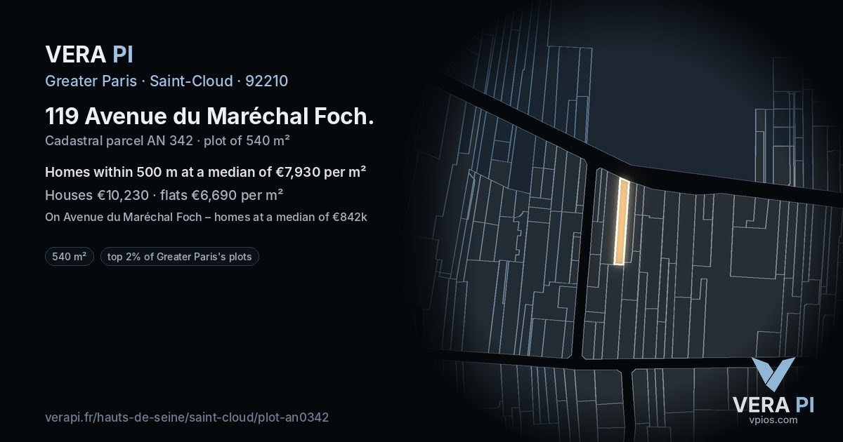 119 Avenue du Maréchal Foch, Saint-Cloud at night – the plot lit, the parcels around coloured by the prices near them