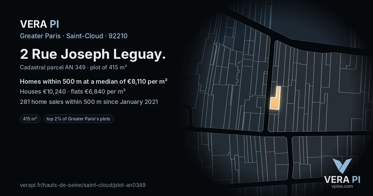 2 Rue Joseph Leguay, Saint-Cloud at night – the plot lit, the parcels around coloured by the prices near them
