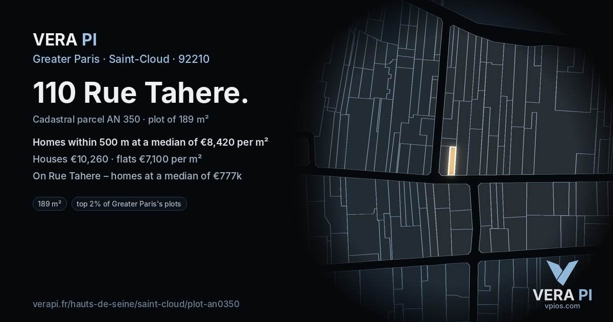 110 Rue Tahere, Saint-Cloud at night – the plot lit, the parcels around coloured by the prices near them