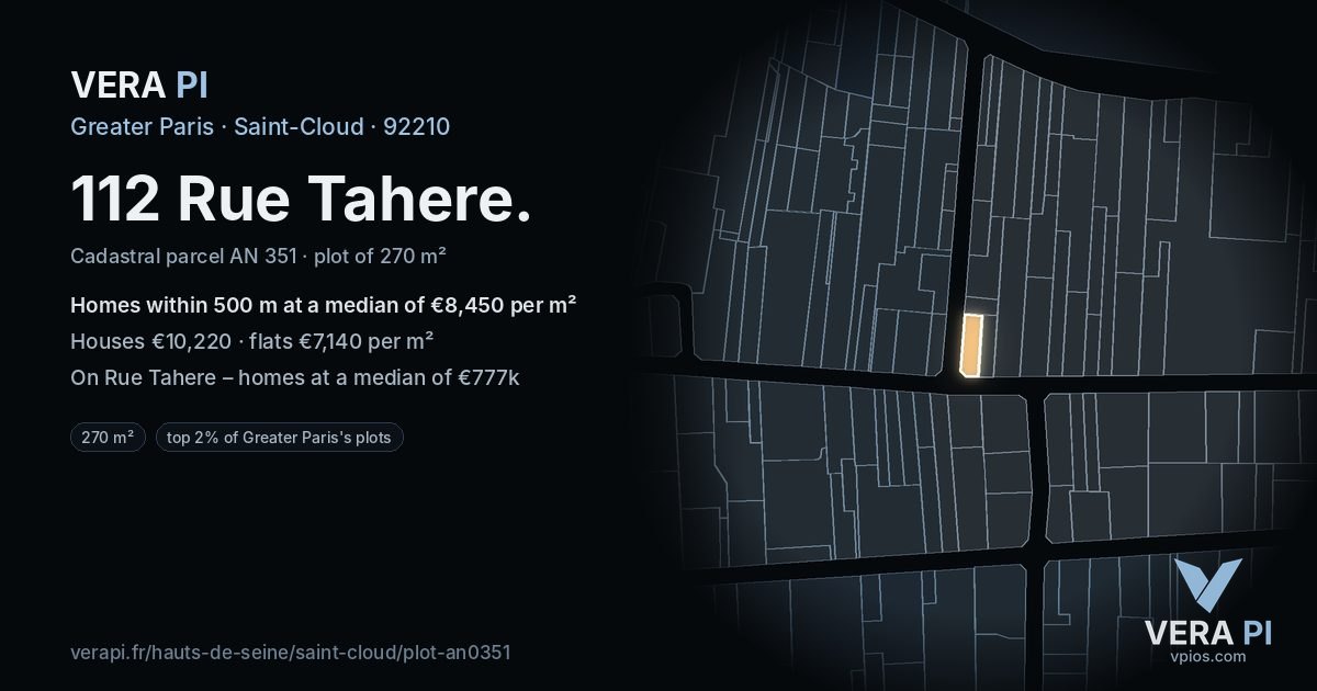 112 Rue Tahere, Saint-Cloud at night – the plot lit, the parcels around coloured by the prices near them