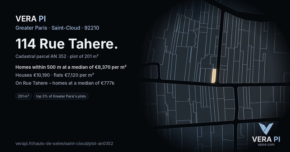 114 Rue Tahere, Saint-Cloud at night – the plot lit, the parcels around coloured by the prices near them