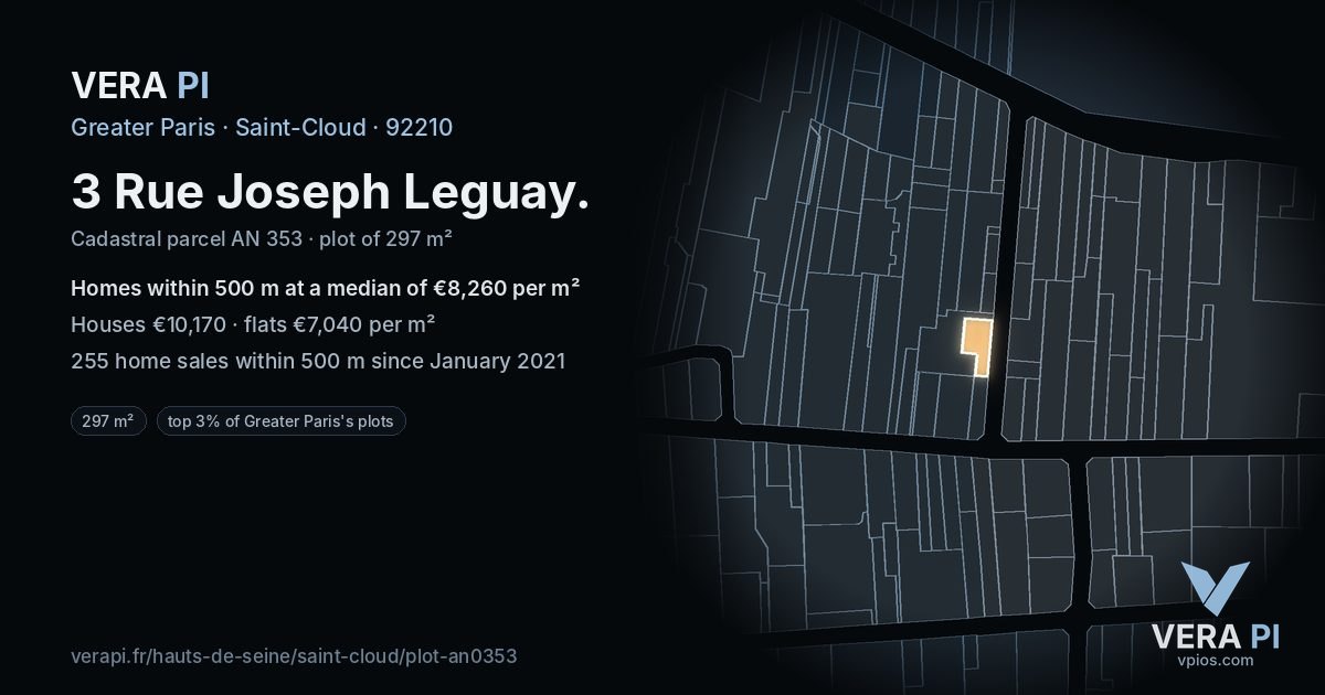 3 Rue Joseph Leguay, Saint-Cloud at night – the plot lit, the parcels around coloured by the prices near them