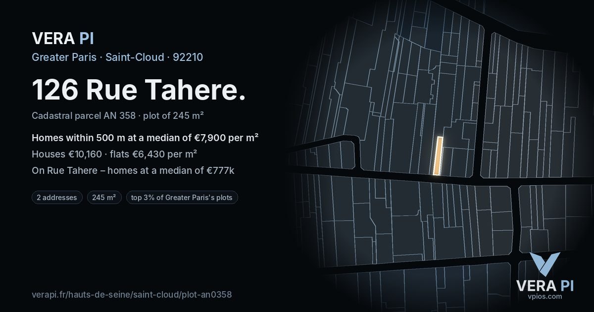 126 Rue Tahere, Saint-Cloud at night – the plot lit, the parcels around coloured by the prices near them