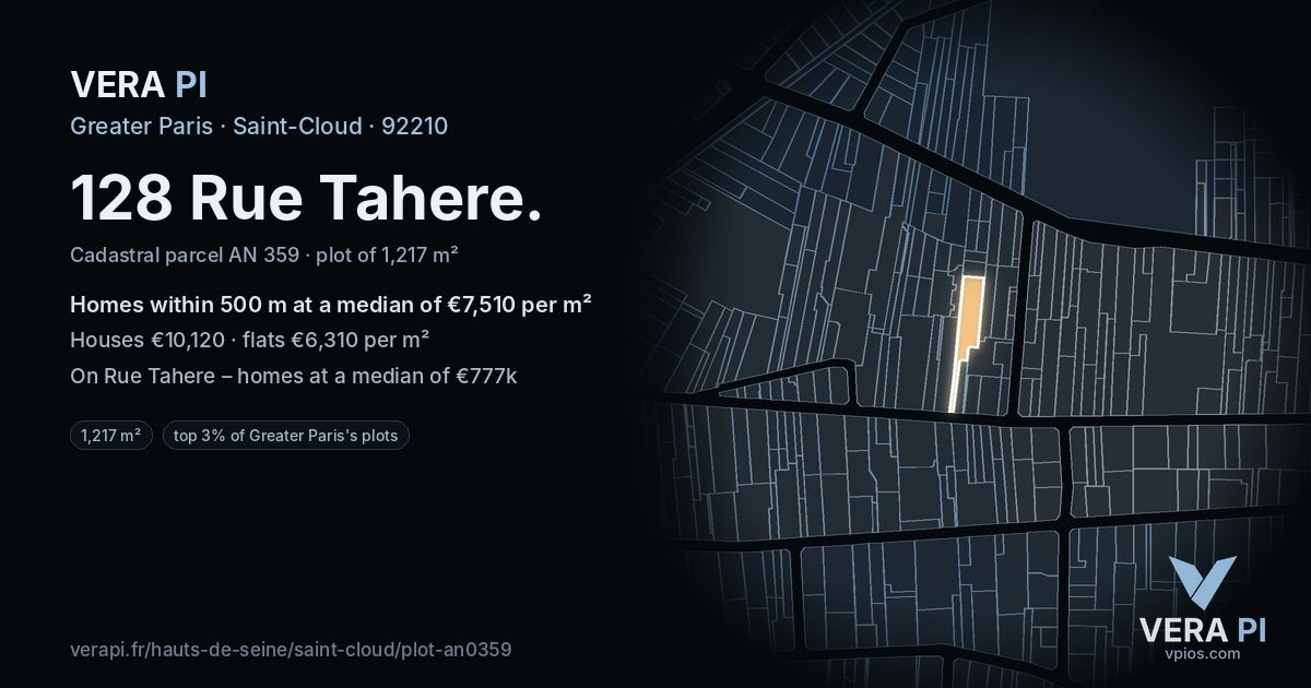 128 Rue Tahere, Saint-Cloud at night – the plot lit, the parcels around coloured by the prices near them