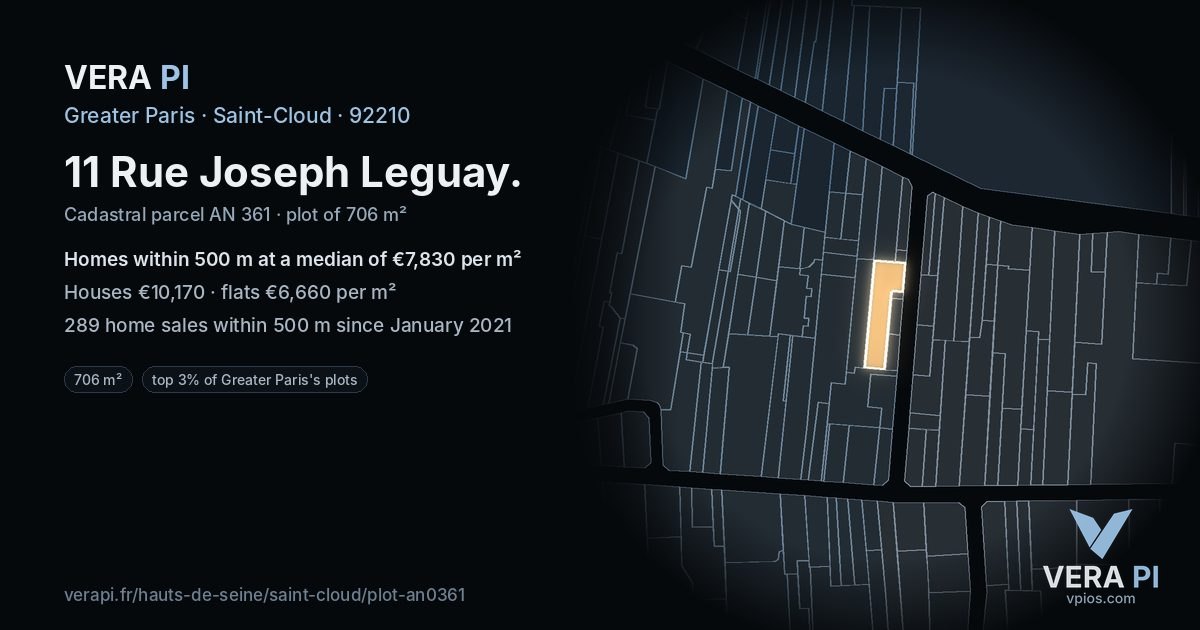11 Rue Joseph Leguay, Saint-Cloud at night – the plot lit, the parcels around coloured by the prices near them