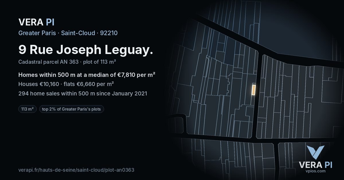 9 Rue Joseph Leguay, Saint-Cloud at night – the plot lit, the parcels around coloured by the prices near them