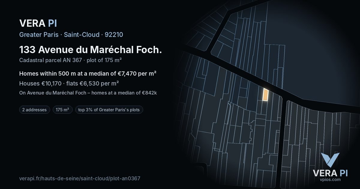 133 Avenue du Maréchal Foch, Saint-Cloud at night – the plot lit, the parcels around coloured by the prices near them