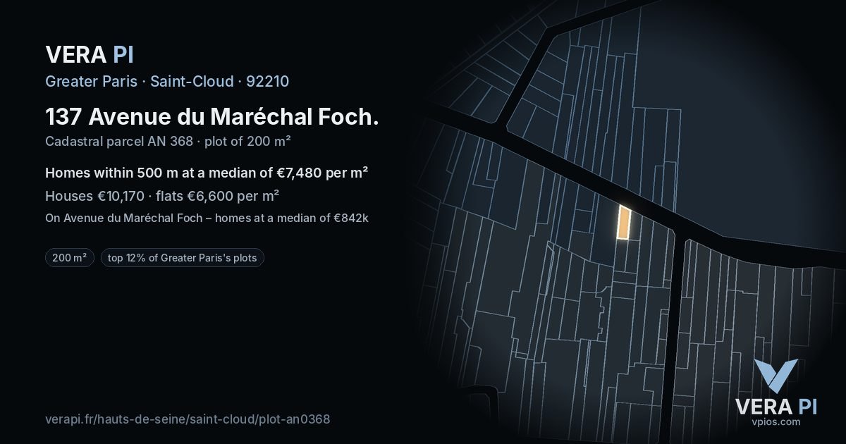 137 Avenue du Maréchal Foch, Saint-Cloud at night – the plot lit, the parcels around coloured by the prices near them