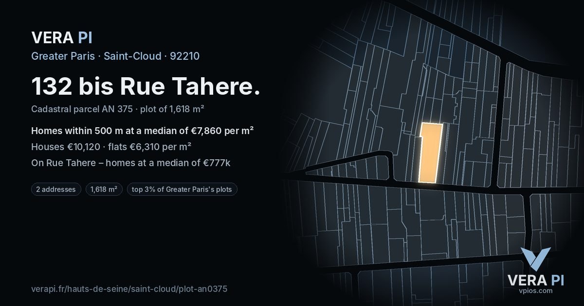 132 bis Rue Tahere, Saint-Cloud at night – the plot lit, the parcels around coloured by the prices near them