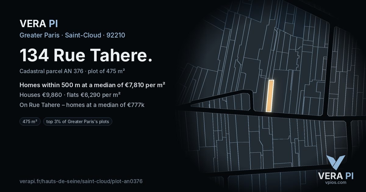 134 Rue Tahere, Saint-Cloud at night – the plot lit, the parcels around coloured by the prices near them