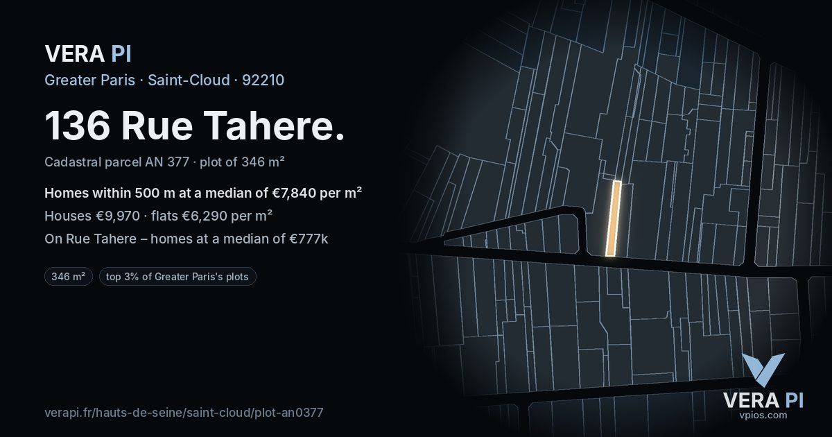136 Rue Tahere, Saint-Cloud at night – the plot lit, the parcels around coloured by the prices near them