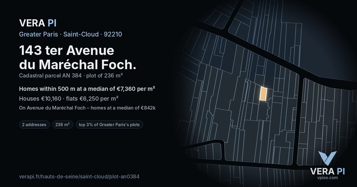 143 ter Avenue du Maréchal Foch, Saint-Cloud at night – the plot lit, the parcels around coloured by the prices near them