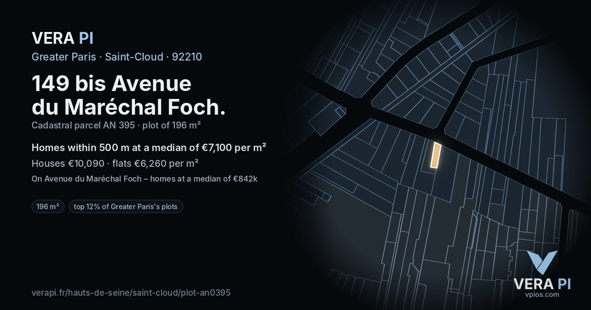 149 bis Avenue du Maréchal Foch, Saint-Cloud at night – the plot lit, the parcels around coloured by the prices near them