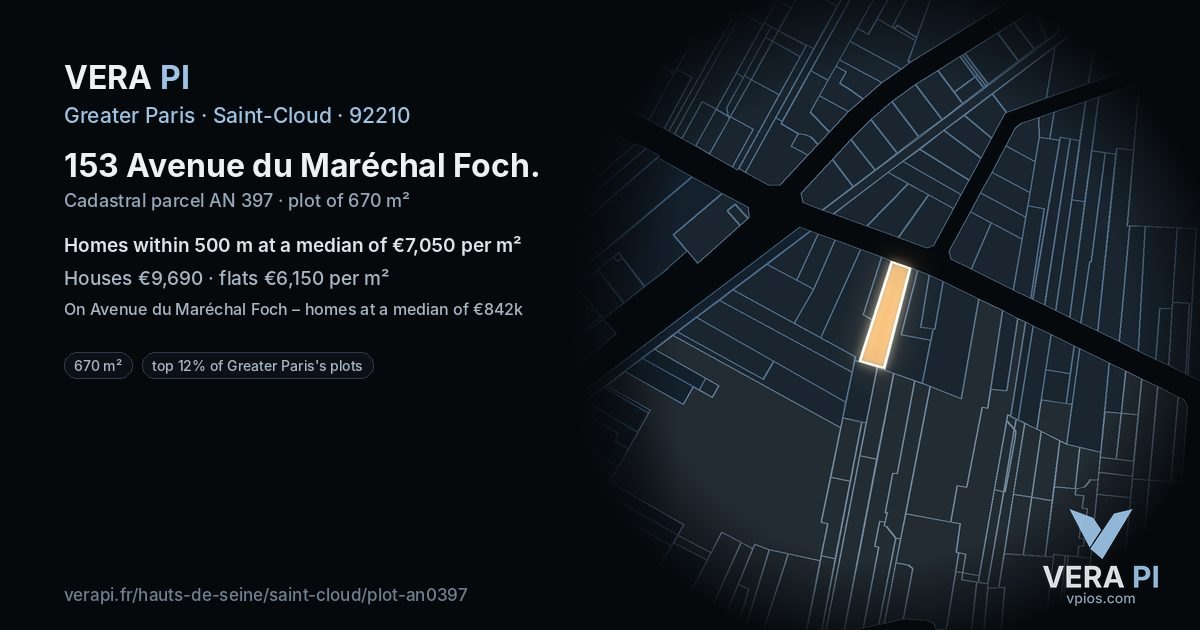 153 Avenue du Maréchal Foch, Saint-Cloud at night – the plot lit, the parcels around coloured by the prices near them