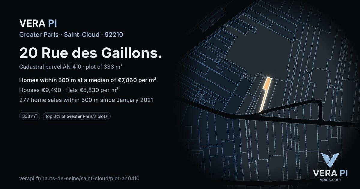 20 Rue des Gaillons, Saint-Cloud at night – the plot lit, the parcels around coloured by the prices near them