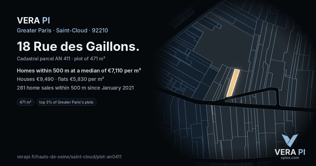 18 Rue des Gaillons, Saint-Cloud at night – the plot lit, the parcels around coloured by the prices near them