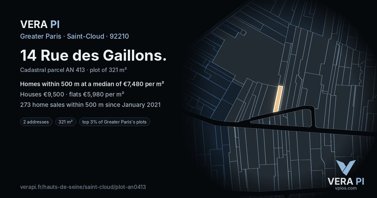 14 Rue des Gaillons, Saint-Cloud at night – the plot lit, the parcels around coloured by the prices near them