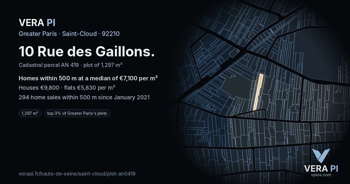 10 Rue des Gaillons, Saint-Cloud at night – the plot lit, the parcels around coloured by the prices near them