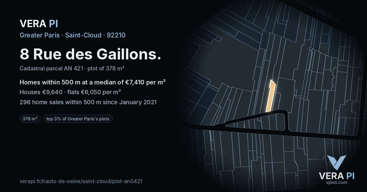 8 Rue des Gaillons, Saint-Cloud at night – the plot lit, the parcels around coloured by the prices near them