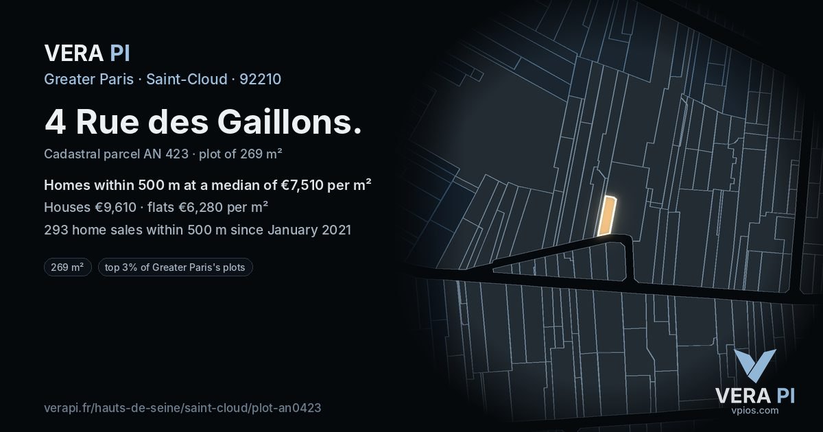 4 Rue des Gaillons, Saint-Cloud at night – the plot lit, the parcels around coloured by the prices near them