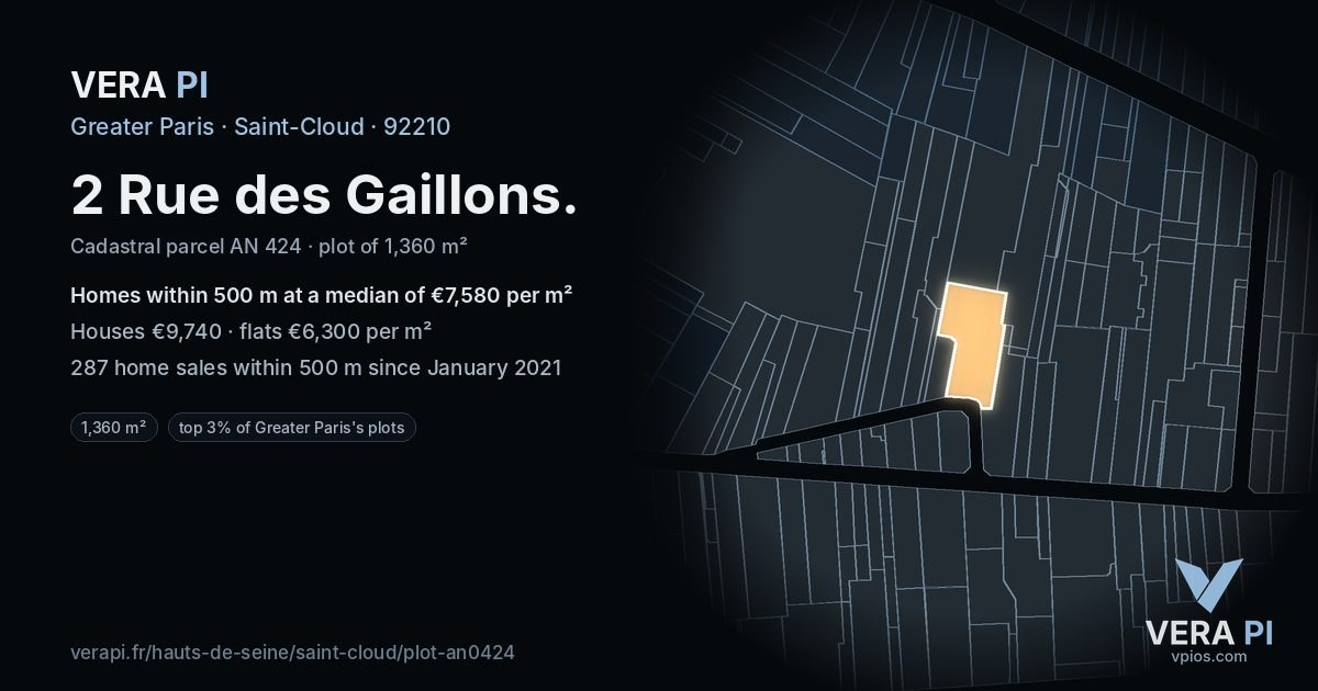 2 Rue des Gaillons, Saint-Cloud at night – the plot lit, the parcels around coloured by the prices near them