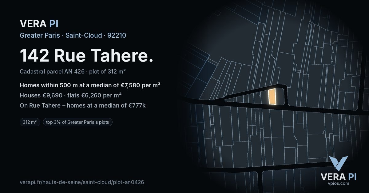 142 Rue Tahere, Saint-Cloud at night – the plot lit, the parcels around coloured by the prices near them