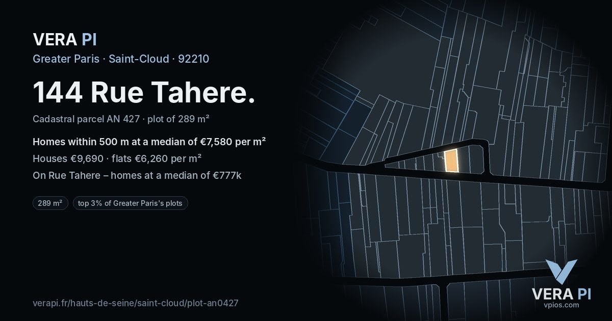 144 Rue Tahere, Saint-Cloud at night – the plot lit, the parcels around coloured by the prices near them