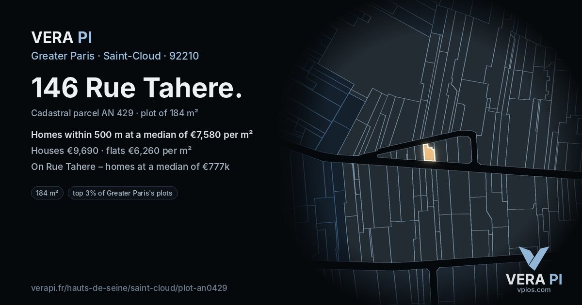 146 Rue Tahere, Saint-Cloud at night – the plot lit, the parcels around coloured by the prices near them