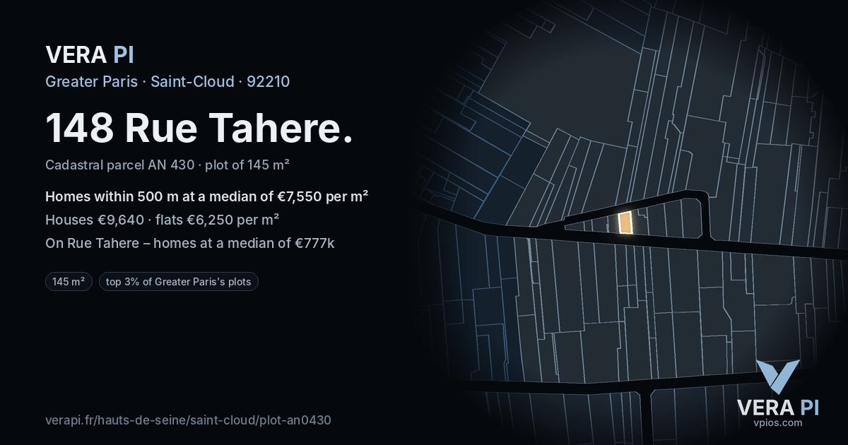 148 Rue Tahere, Saint-Cloud at night – the plot lit, the parcels around coloured by the prices near them