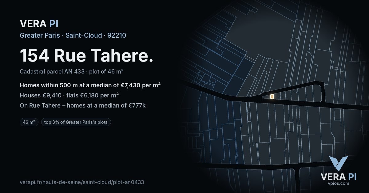 154 Rue Tahere, Saint-Cloud at night – the plot lit, the parcels around coloured by the prices near them