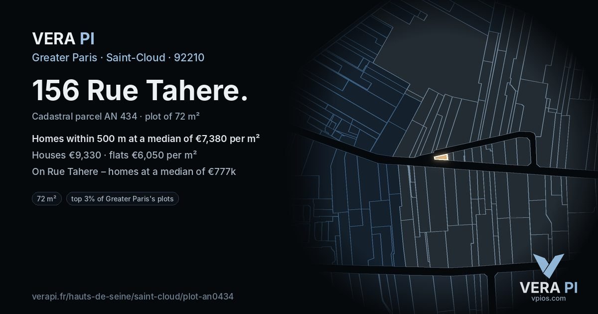 156 Rue Tahere, Saint-Cloud at night – the plot lit, the parcels around coloured by the prices near them