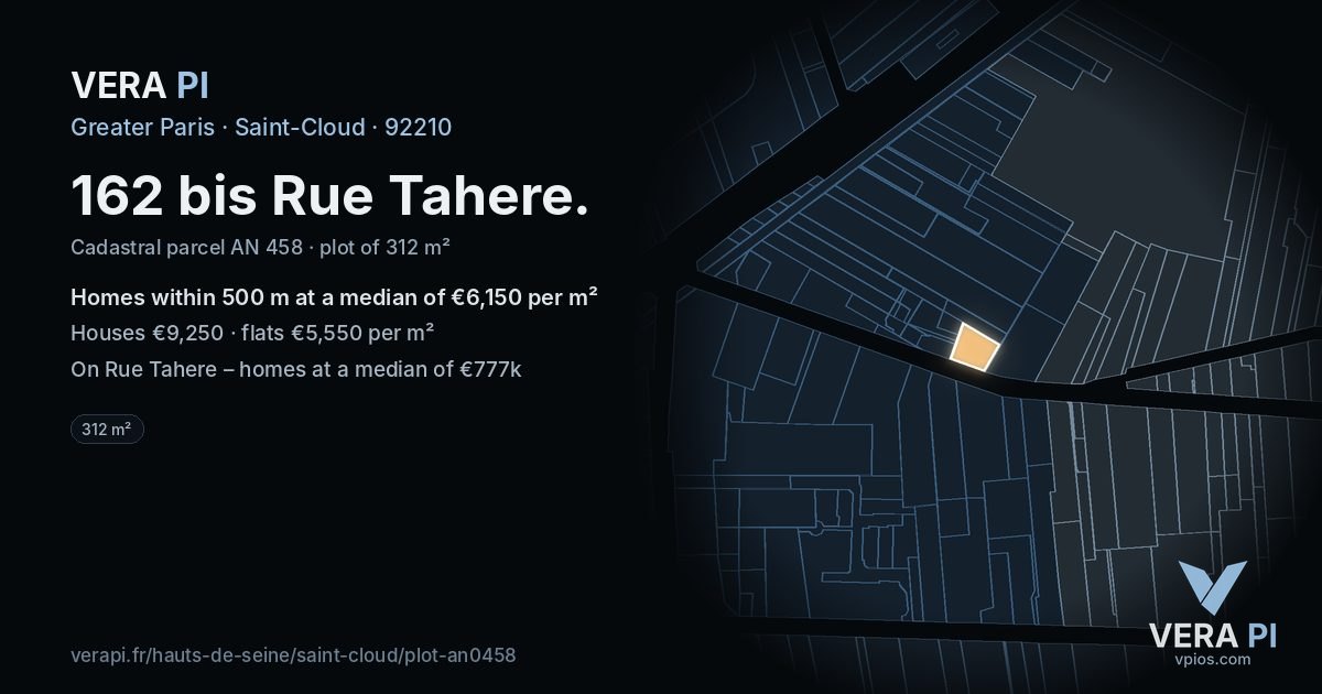 162 bis Rue Tahere, Saint-Cloud at night – the plot lit, the parcels around coloured by the prices near them