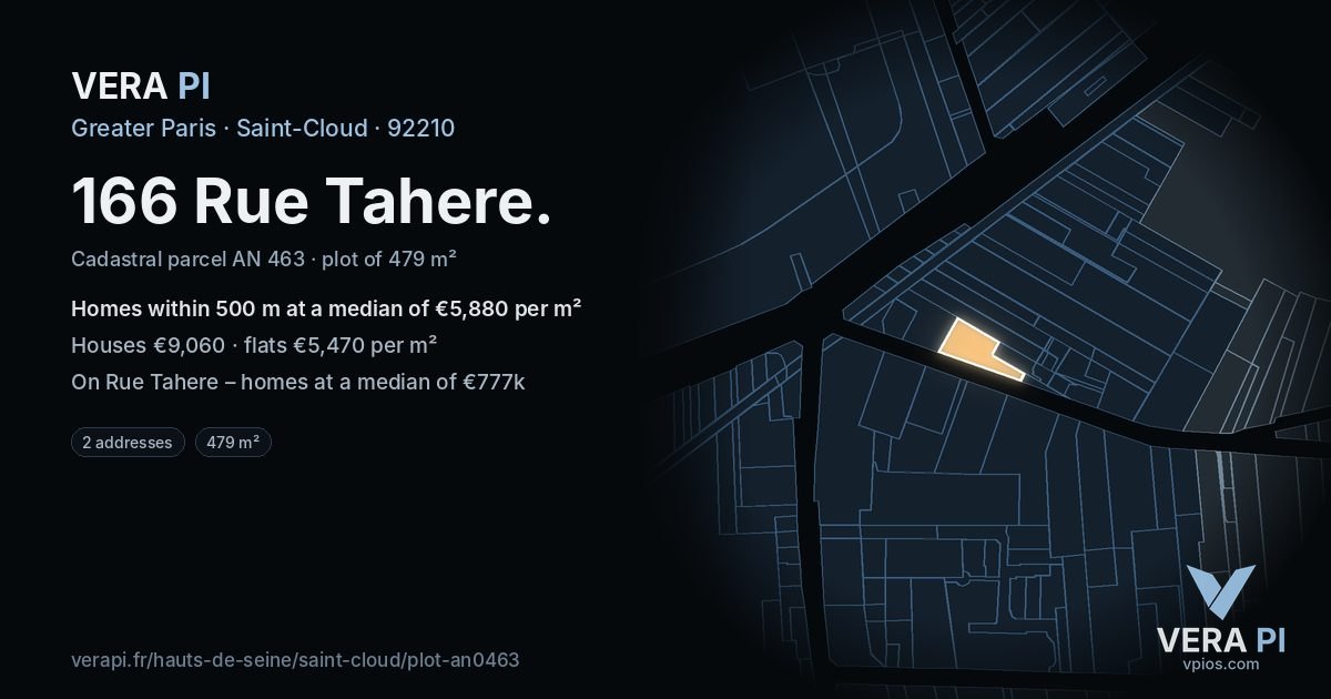 166 Rue Tahere, Saint-Cloud at night – the plot lit, the parcels around coloured by the prices near them