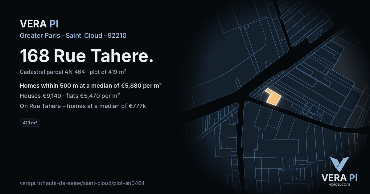 168 Rue Tahere, Saint-Cloud at night – the plot lit, the parcels around coloured by the prices near them