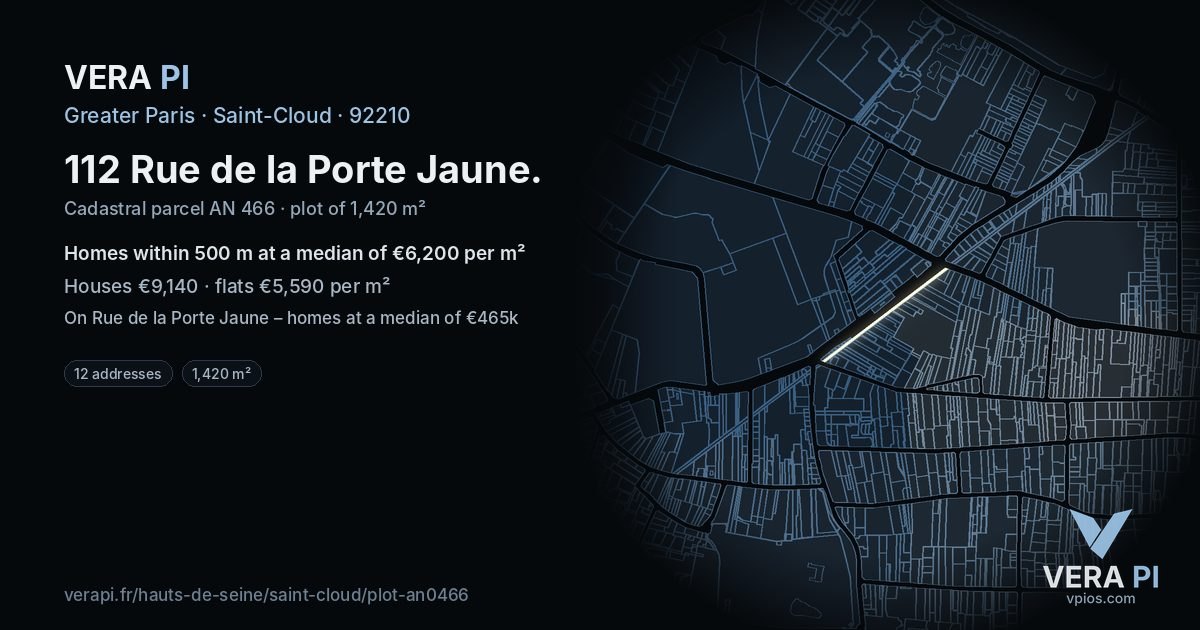 112 Rue de la Porte Jaune, Saint-Cloud at night – the plot lit, the parcels around coloured by the prices near them